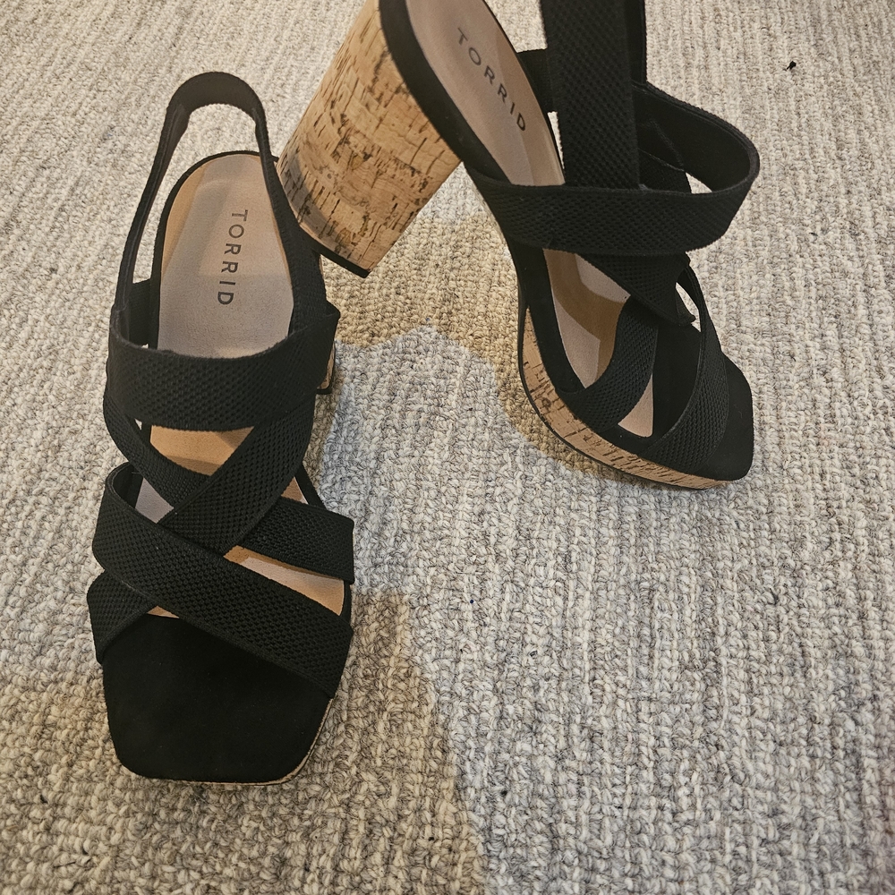 torrid Black Cork Block Heel Strappy Sandals